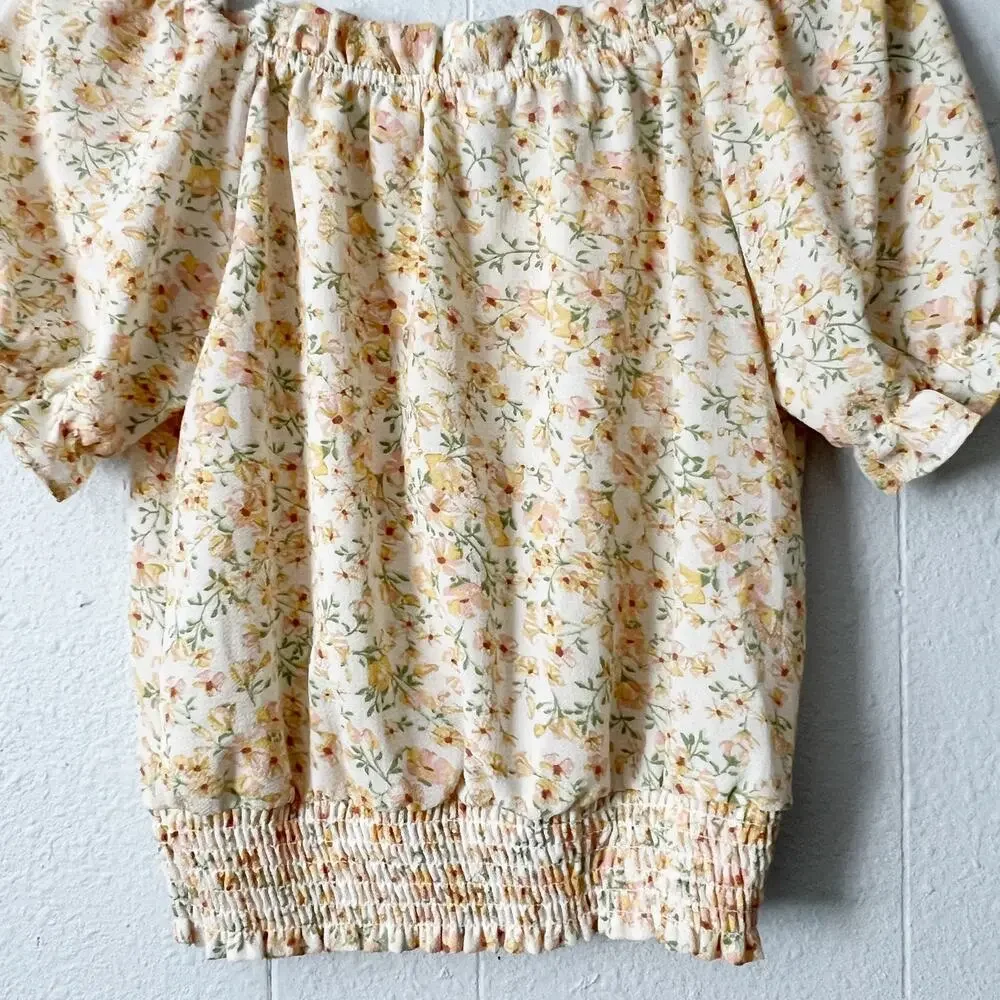 Monteau Floral Puff Sleeve Smocked Top Womens XS Cottagecore Dainty Fairy Boho